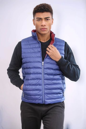 Indigo Blue Slim Fit Reversible Quilted Standing Collar Vest – Wessi