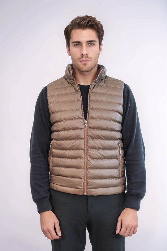 Tan Slim Fit Reversible Quilted Puffer Down Vest | Wessi