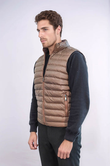 Tan Slim Fit Reversible Quilted Puffer Down Vest | Wessi