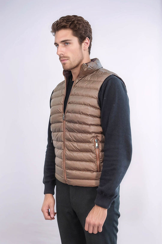 Tan Slim Fit Reversible Quilted Puffer Down Vest | Wessi