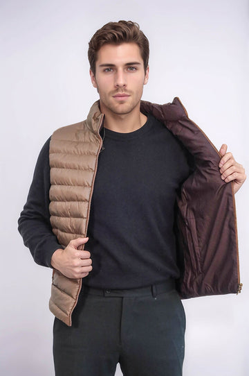 Tan Slim Fit Reversible Quilted Puffer Down Vest | Wessi
