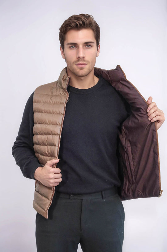Tan Slim Fit Reversible Quilted Puffer Down Vest | Wessi