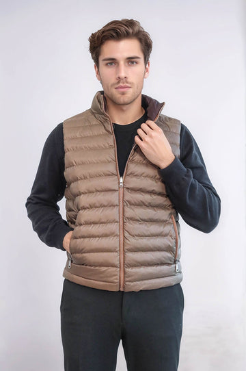 Tan Slim Fit Reversible Quilted Puffer Down Vest | Wessi