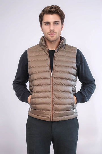 Tan Slim Fit Reversible Quilted Puffer Down Vest | Wessi