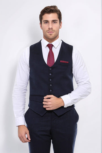 Navy Blue Plain 8-Button V-Neck Slim Fit Waistcoat – Wessi