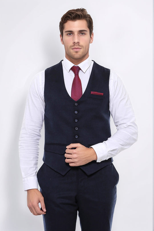 Navy Blue Plain 8-Button V-Neck Slim Fit Waistcoat – Wessi