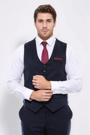 Navy Blue Plain 8-Button V-Neck Slim Fit Waistcoat – Wessi