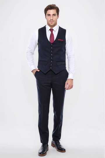 Navy Blue Plain 8-Button V-Neck Slim Fit Waistcoat – Wessi