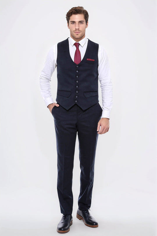 Navy Blue Plain 8-Button V-Neck Slim Fit Waistcoat – Wessi