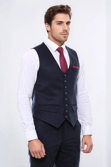 Navy Blue Plain 8-Button V-Neck Slim Fit Waistcoat – Wessi