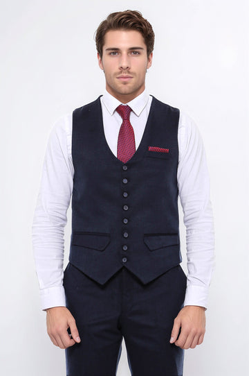 Navy Blue Plain 8-Button V-Neck Slim Fit Waistcoat – Wessi