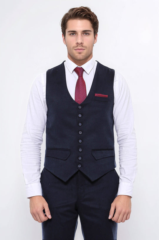 Navy Blue Plain 8-Button V-Neck Slim Fit Waistcoat – Wessi