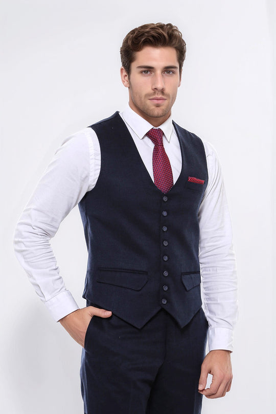 Navy Blue Plain 8-Button V-Neck Slim Fit Waistcoat – Wessi