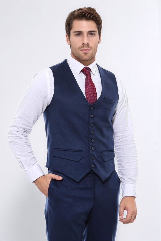 Navy Blue Slim Fit Plain 8-Button V-Neck Waistcoat – Wessi