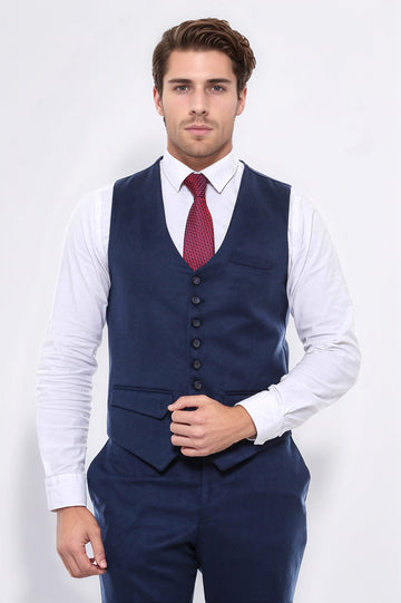 Navy Blue Slim Fit Plain 8-Button V-Neck Waistcoat – Wessi