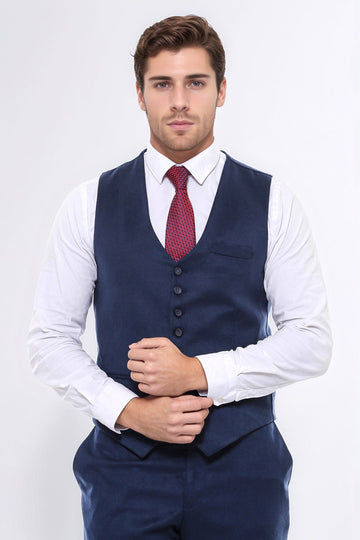 Navy Blue Slim Fit Plain 8-Button V-Neck Waistcoat – Wessi