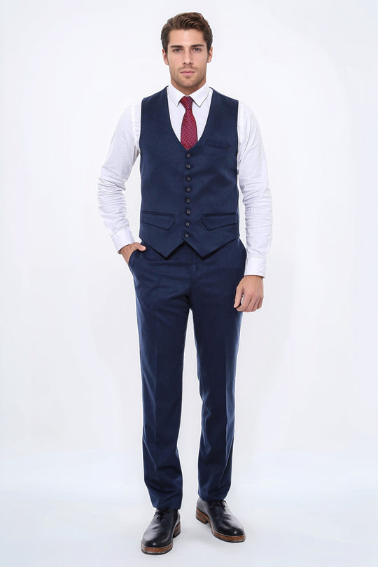 Navy Blue Slim Fit Plain 8-Button V-Neck Waistcoat – Wessi