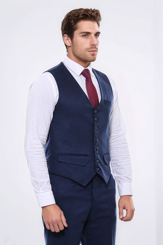 Navy Blue Slim Fit Plain 8-Button V-Neck Waistcoat – Wessi
