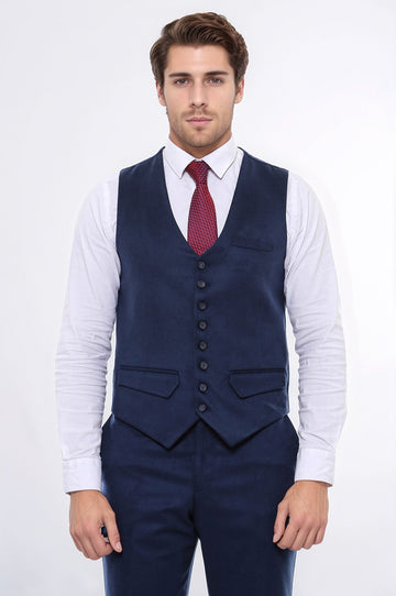Navy Blue Slim Fit Plain 8-Button V-Neck Waistcoat – Wessi