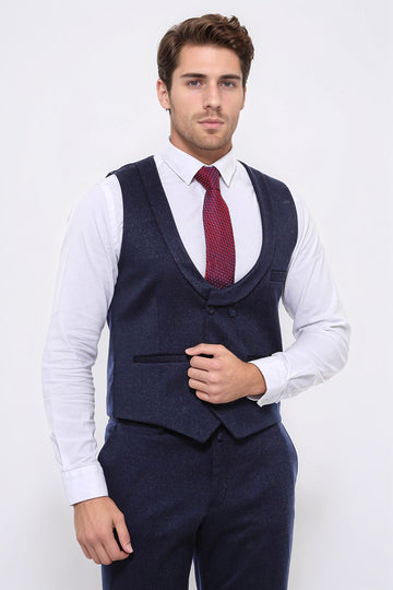 Men's Midnight Navy Micro-Patterned 2-Piece Slim Fit Vest & Trousers Set