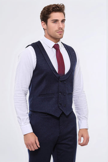 Men's Midnight Navy Micro-Patterned 2-Piece Slim Fit Vest & Trousers Set