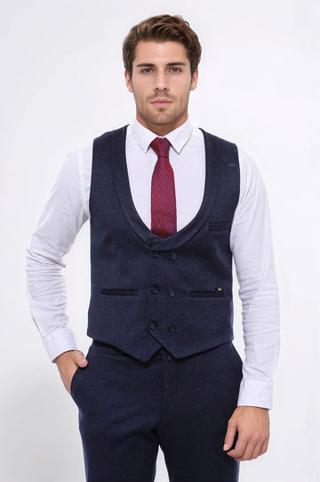 Men's Midnight Navy Micro-Patterned 2-Piece Slim Fit Vest & Trousers Set