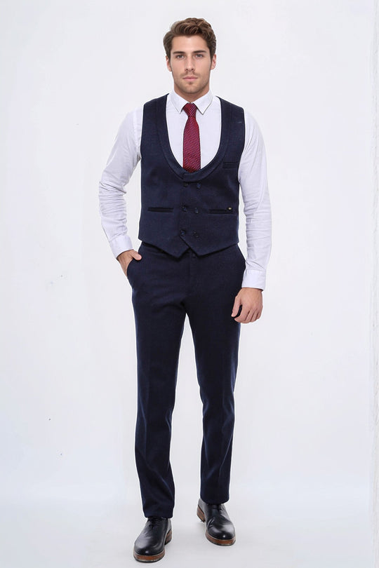 Men's Midnight Navy Micro-Patterned 2-Piece Slim Fit Vest & Trousers Set