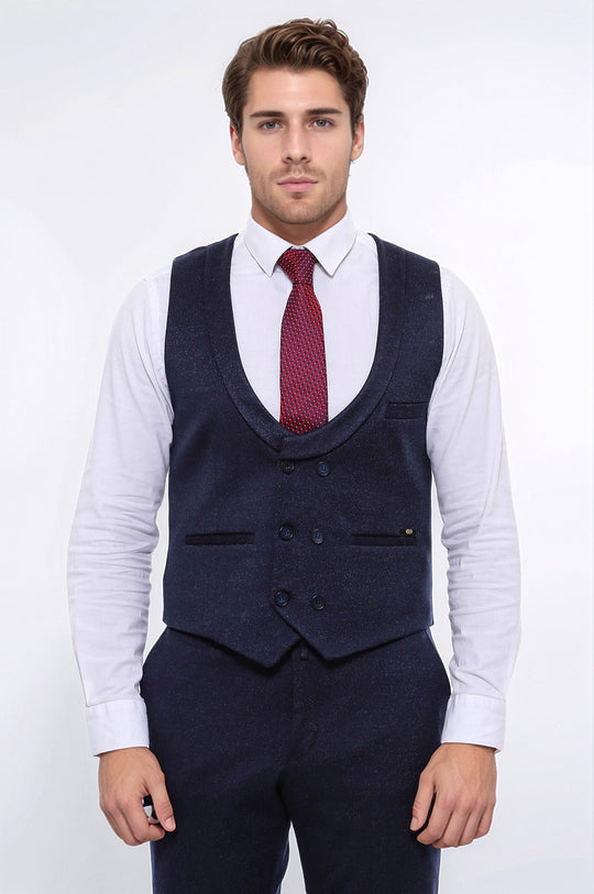 Men's Midnight Navy Micro-Patterned 2-Piece Slim Fit Vest & Trousers Set