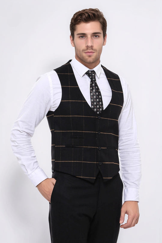 Black Checked V-Neck Slim Fit Waistcoat – Wessi