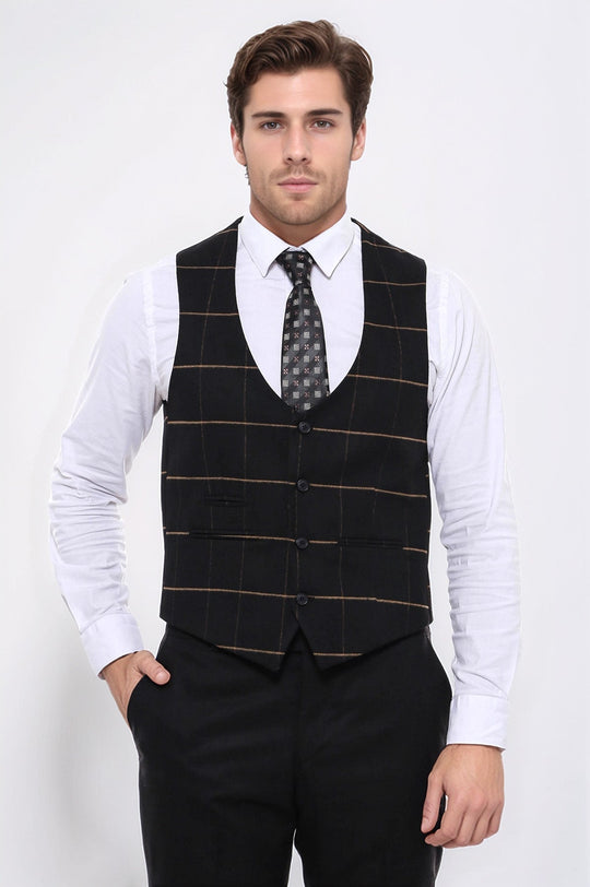 Black Checked V-Neck Slim Fit Waistcoat – Wessi