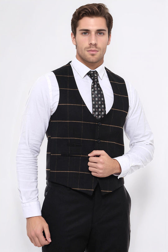 Black Checked V-Neck Slim Fit Waistcoat – Wessi