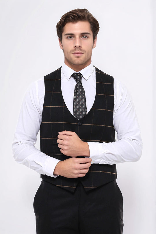 Black Checked V-Neck Slim Fit Waistcoat – Wessi