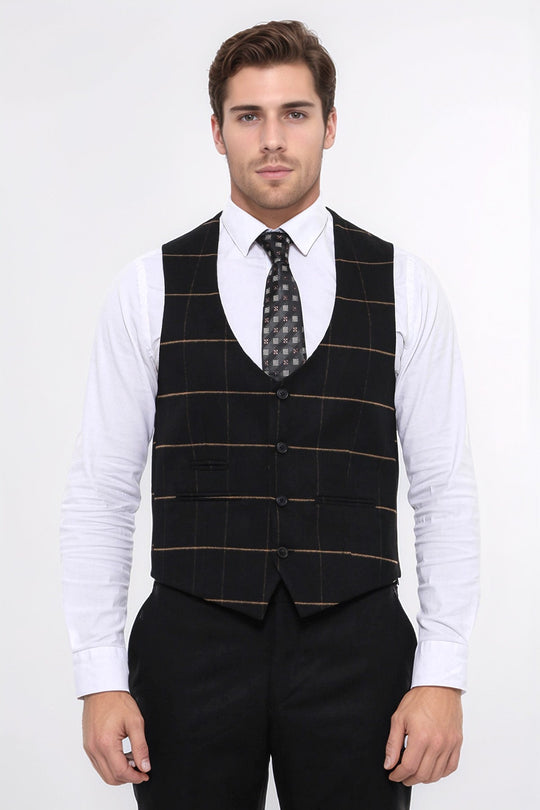 Black Checked V-Neck Slim Fit Waistcoat – Wessi