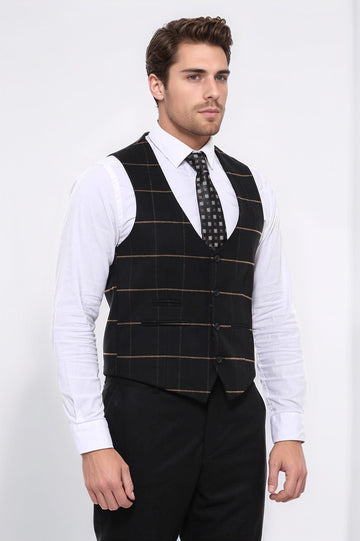 Black Checked V-Neck Slim Fit Waistcoat – Wessi