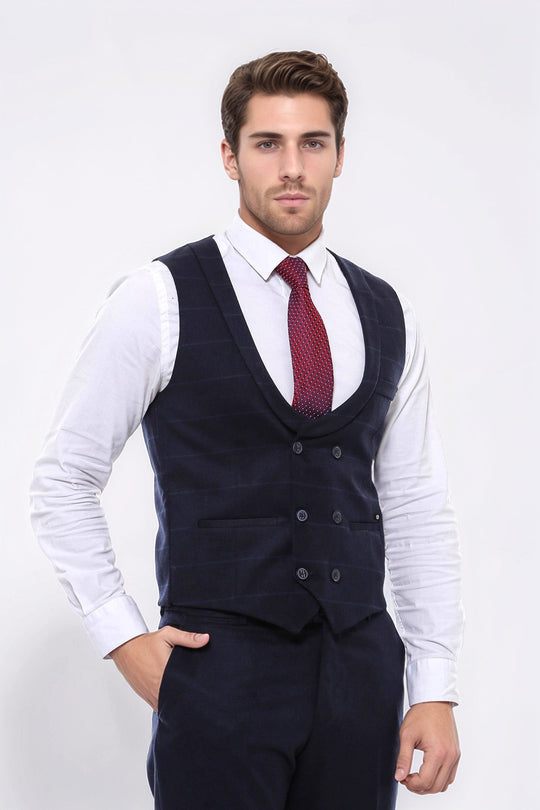 Navy Blue Plaid Double Breasted Collared Slim Fit Waistcoat – Wessi