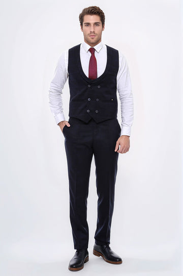 Navy Blue Plaid Double Breasted Collared Slim Fit Waistcoat – Wessi