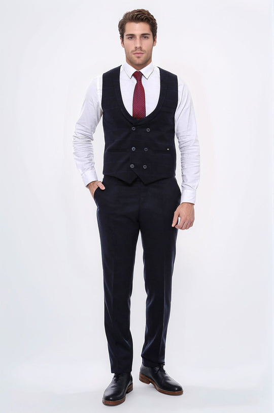 Navy Blue Plaid Double Breasted Collared Slim Fit Waistcoat – Wessi