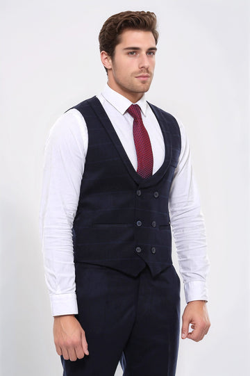 Navy Blue Plaid Double Breasted Collared Slim Fit Waistcoat – Wessi