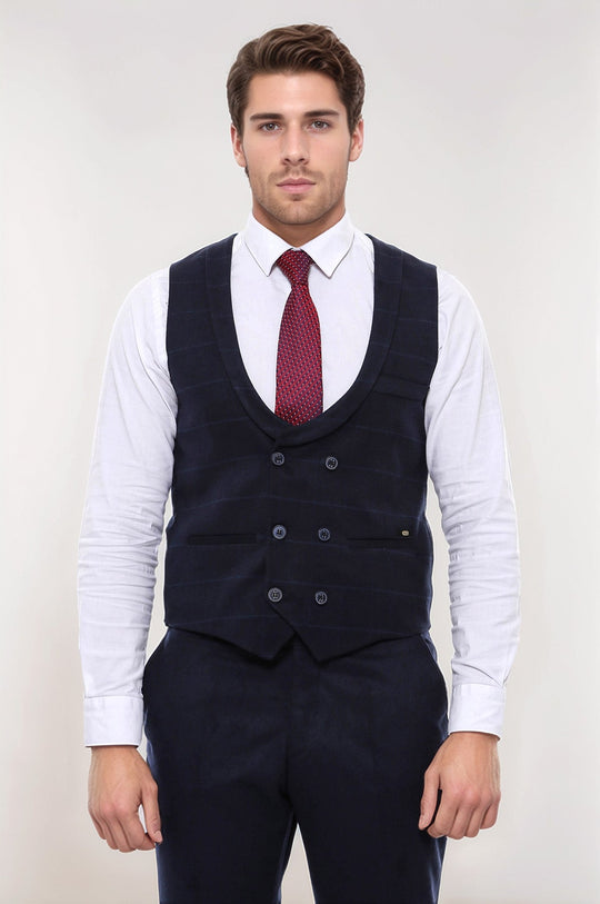 Navy Blue Plaid Double Breasted Collared Slim Fit Waistcoat – Wessi