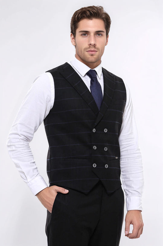 Black Checked Double Breasted Collared Slim Fit Waistcoat – Wessi