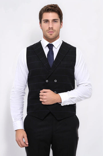 Black Checked Double Breasted Collared Slim Fit Waistcoat – Wessi