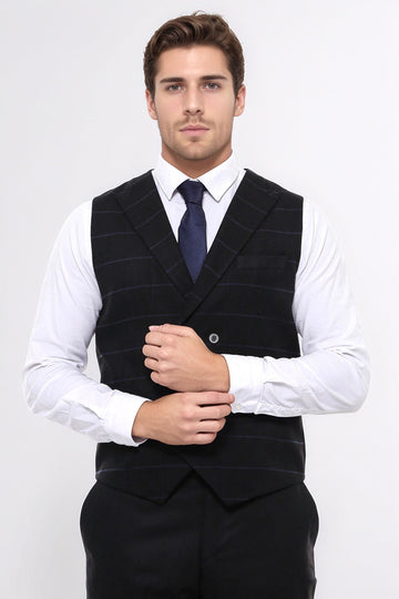 Black Checked Double Breasted Collared Slim Fit Waistcoat – Wessi