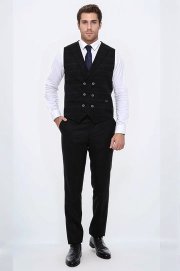 Black Checked Double Breasted Collared Slim Fit Waistcoat – Wessi