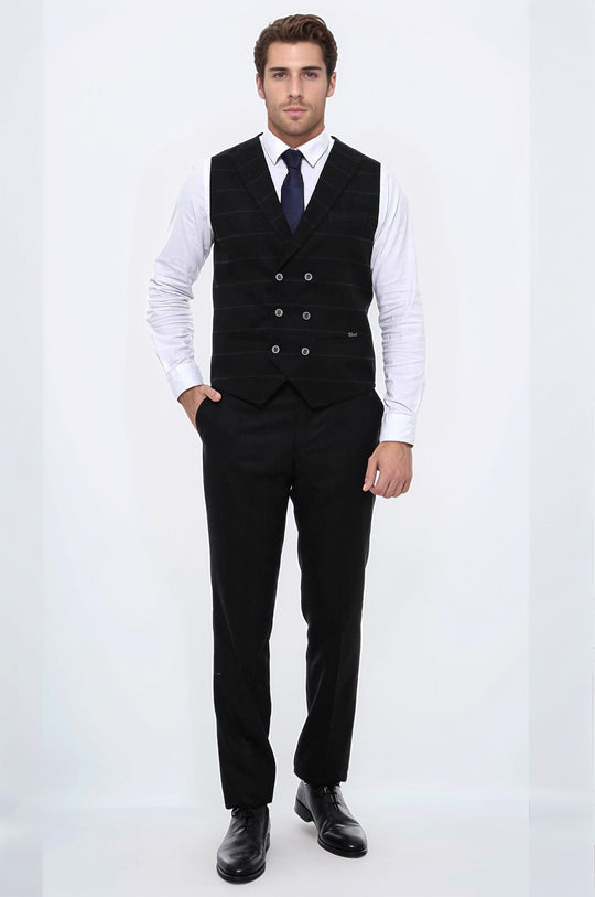 Black Checked Double Breasted Collared Slim Fit Waistcoat – Wessi