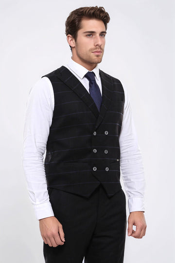Black Checked Double Breasted Collared Slim Fit Waistcoat – Wessi