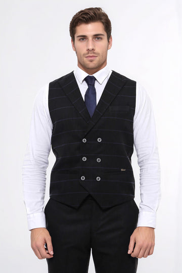 Black Checked Double Breasted Collared Slim Fit Waistcoat – Wessi