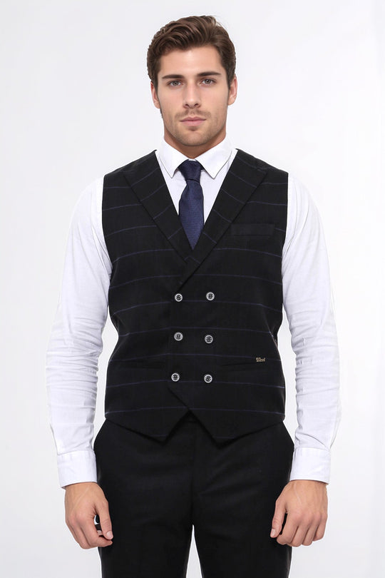 Black Checked Double Breasted Collared Slim Fit Waistcoat – Wessi