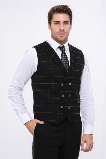 Black Checked Double Breasted Slim Fit Waistcoat – Wessi