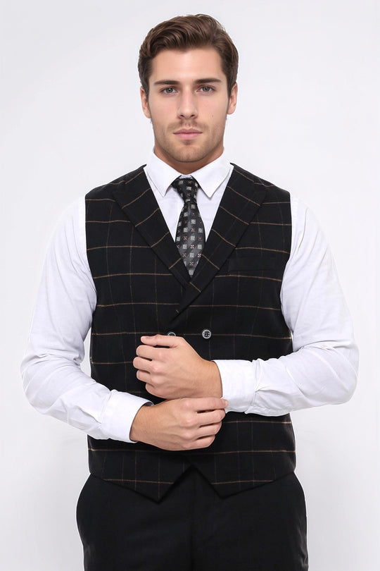 Black Checked Double Breasted Slim Fit Waistcoat – Wessi