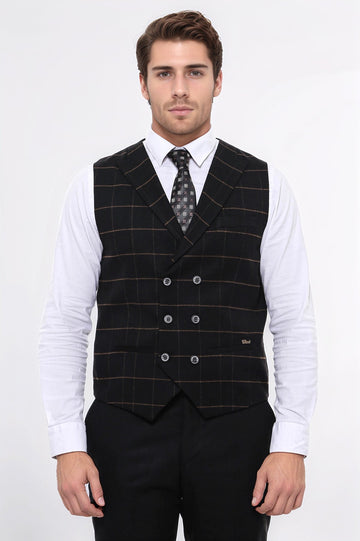 Black Checked Double Breasted Slim Fit Waistcoat – Wessi